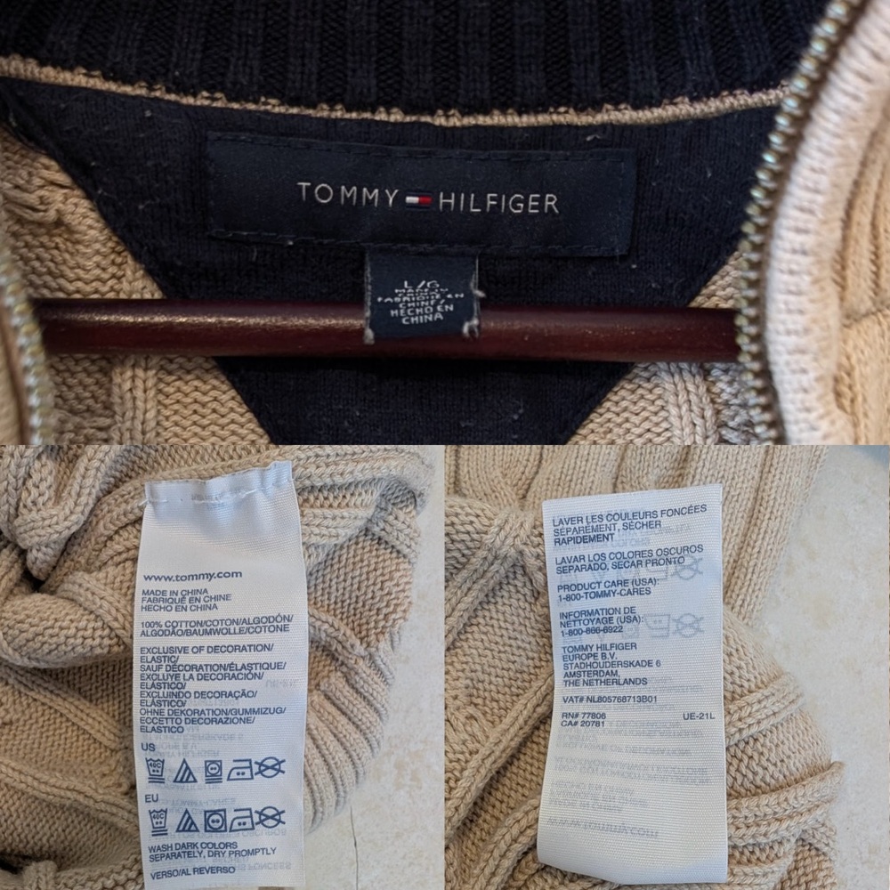 Size L Tommy Hilfiger 100% Cotton Y2K Vintage Cream Chunky Knit Quarter Zip - Picture 4 of 15